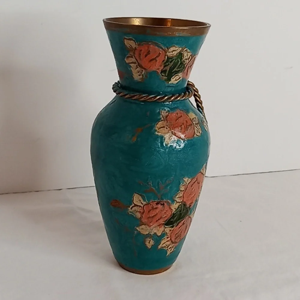 MCM Vintage Hand Painted Floral Brass Vase